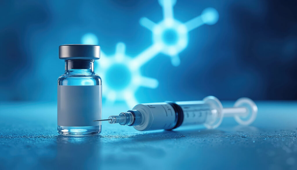 pharmaceutical vial with sterile syringe, science laboratory background with molecular structure. medical product photography for diabetes treatment, weight management, obesity, metabolic hormone